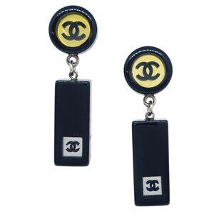 Chanel Dangle Piercing Earrings Black Silver 01P 195156